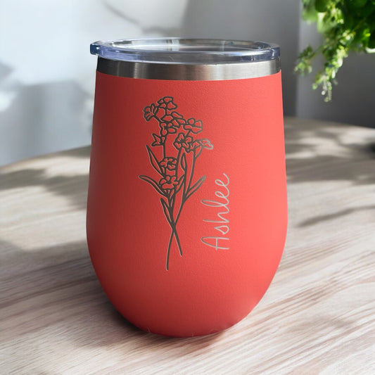 Personalized Birth Month Flower 12oz Wine Tumbler